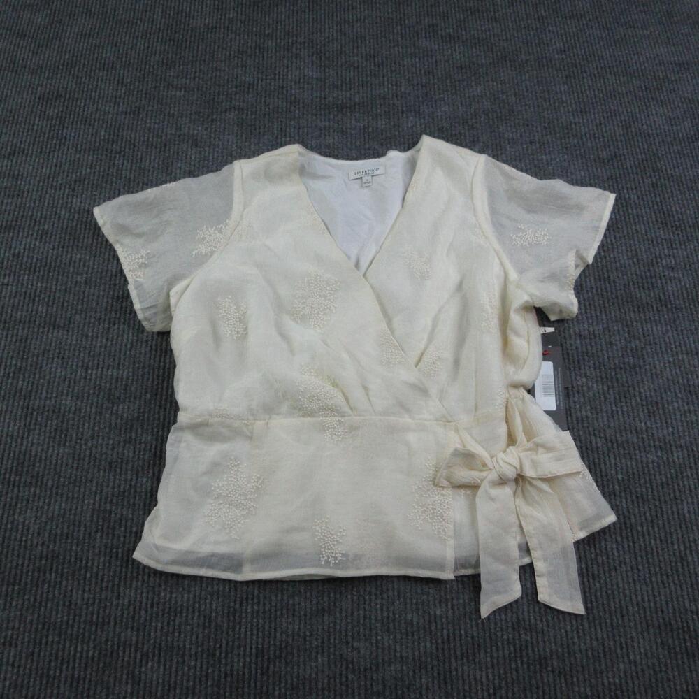 Liverpool Los Angeles Blouse Womens 1X Cream Embroidered Bow Ruffle Lined NWT